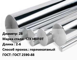 Круг нержавеющий 28 Сталь: 12Х18Н10Т L=2-6 горячекатаный ГОСТ: ГОСТ 2590-88, кг, н/д цена от 370.99 Тг / кг, где купить, условия доставки в Алматы и Алматинской области